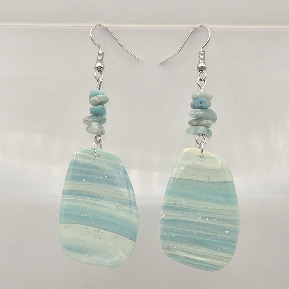 #B213- Seafoam Stripe Drop Earrings with Aquamarine Accent - Women Jewelry